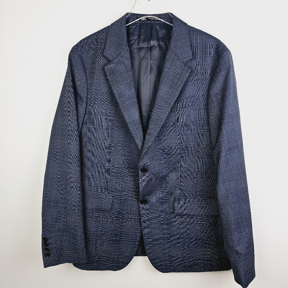 Zara Navy Blue Plaid Wool Blazer, size 42